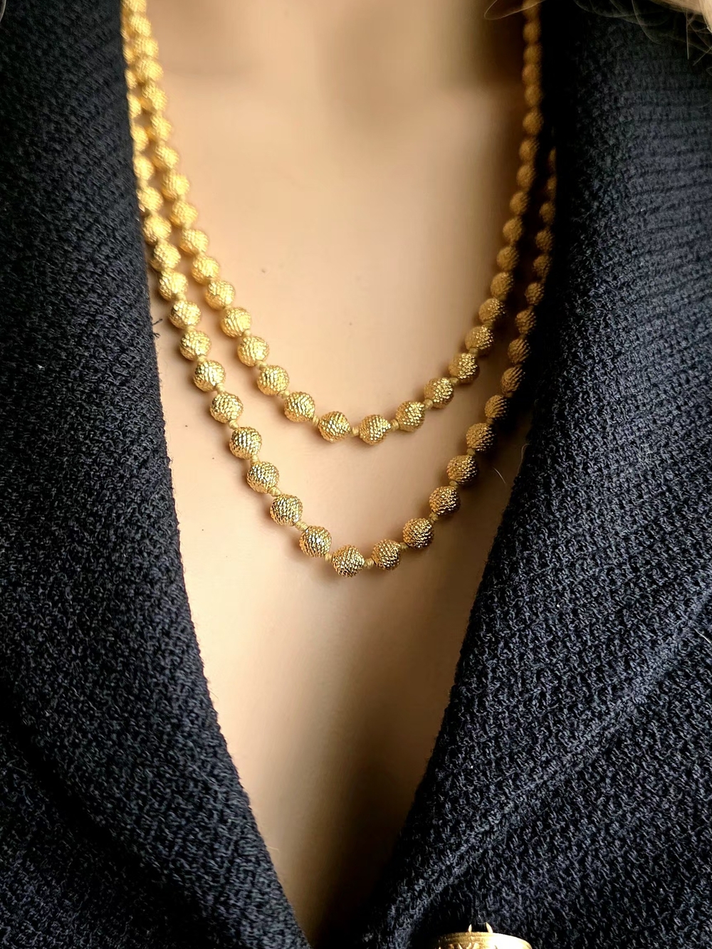 Gold Tone Graduated Textured Bead Infinity Necklace Long Statement 44-46"